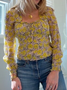 INTERMIX Yellow Floral Puff-Sleeve Square-Neck Blouse